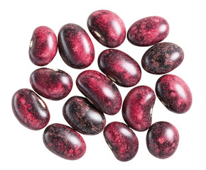 Group of maroon and dark bean seeds arranged closely together, on a black background