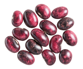 Group of maroon and dark bean seeds arranged closely together, on a black background