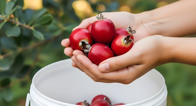 Freshly harvested red guava fruits cradled gently in hands above a white bucket in a sunlit orchard, showcasing the vibrant color, natural texture, and organic appeal of tropical guava during harvest 