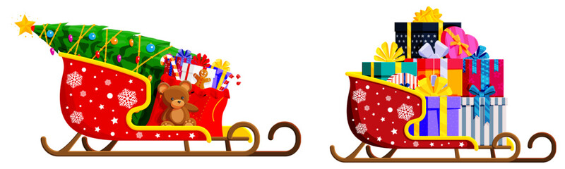 Santa sleigh full of Christmas tree and happy child gifts. Holiday celebration and winter season delivery. Merry Christmas.
