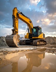 A large yellow excavator sits in a muddy puddle, its reflection visible in the water.  The machine is positioned on a construction site, with a cloudy, golden sky in the background