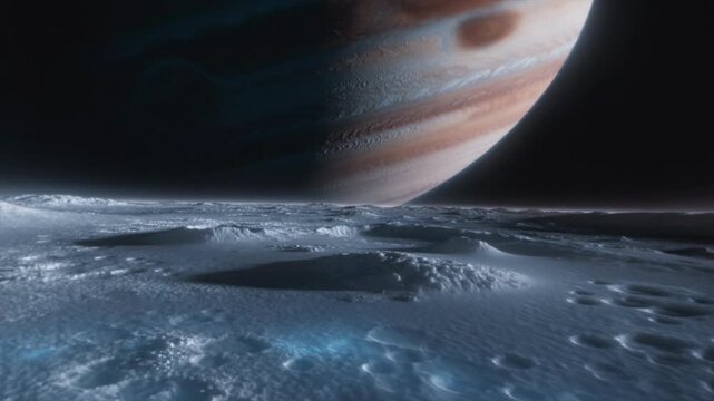 Experience a breathtaking view of Europa's frozen terrain, marked by craters and ice formations, while Jupiter looms large in the backdrop. Discover the mysteries of this distant moon