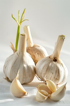 Three Garlic Bulbs and Cloves on White Surface ingredient