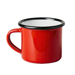 A vibrant red, enamel mug with black trim, handle attached, set against a solid black backdrop