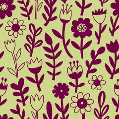 Green and burgundy seamless floral pattern. Vector graphics.