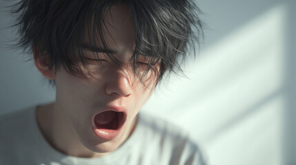 若い男性があくびをして眠そうにしている写真