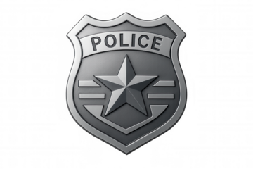 Police badge symbol, displaying a star and police text. Emphasizing justice, order, protection, and law enforcement. Transparent background