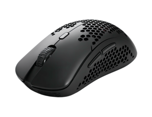 Black ergonomic wireless computer peripheral for gaming with unique honeycomb pattern and buttons