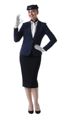 Charming stewardess showing okay gesture on white background