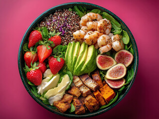 可愛いフルーツのサラダボウルがピンクの背景で真上から撮影されている