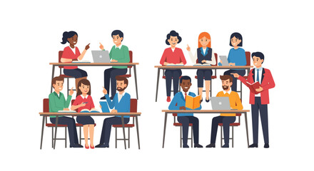 Diverse groups of students or colleagues working together at desks.