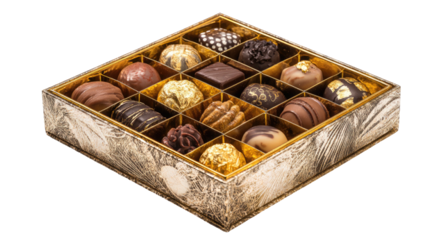 An overhead shot showcases a square box of assorted gourmet chocolates in various shapes