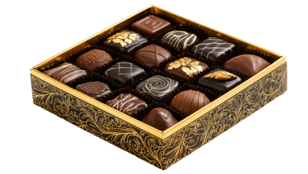 An overhead shot presents a fancy box of assorted artisan chocolates, dark, and decadent