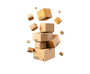A floating pile of cardboard boxes, some stacked and others airborne, isolated on black