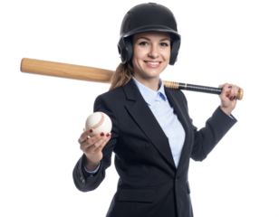 Businesswoman with Baseball Helmet, Ball and Bat — Transparent Background