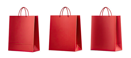 Three red shopping bags arranged horizontally, showcasing a simplistic yet modern presentation against black