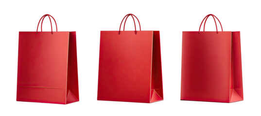 Three red shopping bags arranged horizontally, showcasing a simplistic yet modern presentation against black