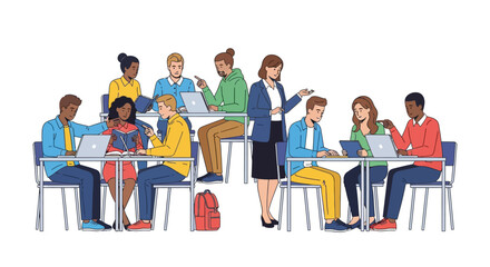 Diverse group of students learning in a modern classroom with a teacher.