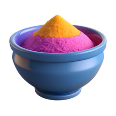 A blue bowl filled with vibrant pink and yellow holi powder against a dark background