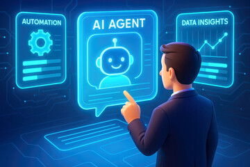 Man interacting with AI agent interface showing automation and data insights artificial intelligence