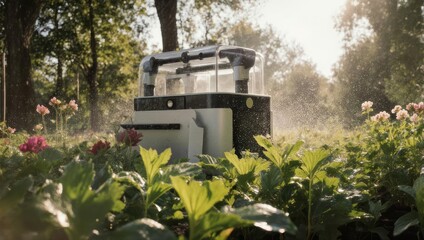 Modern automated irrigation system sprays water on flowers in a sun-dappled garden