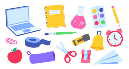 Colorful education tools on white background: school supplies collection