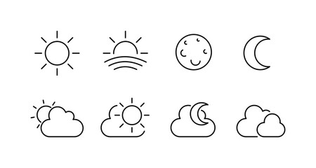 Simple line art weather icons set with sun, moon, and clouds