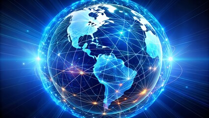 A glowing digital earth with interconnected nodes and lines, symbolizing global connectivity, communication, and technological advancement in a vibrant blue hue