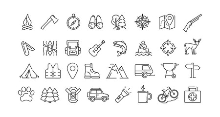Linear outdoor adventure icons set featuring camping, fishing, and hiking elements © 123levit