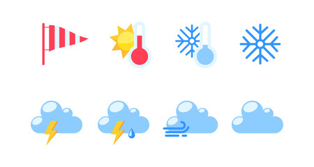 Obraz premium Weather icons set: temperature, wind, sun, snowflake, cloud, lightning