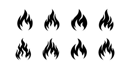 Set of black flame icons on white background