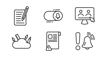 Linear icons of writing, notification, user interface, creative tools, document, and alert