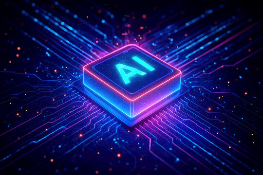 Neon AI Chip on Circuit Board with Orange and Pink Glow and Sparks artificial intelligence processor