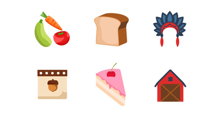 Colorful icons of food, bread, and headdress in minimalist style