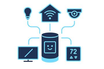 Smart home technology network with neon glow and connected devices