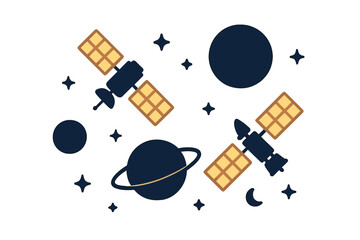Glowing satellites in space with planets and stars in a neon style