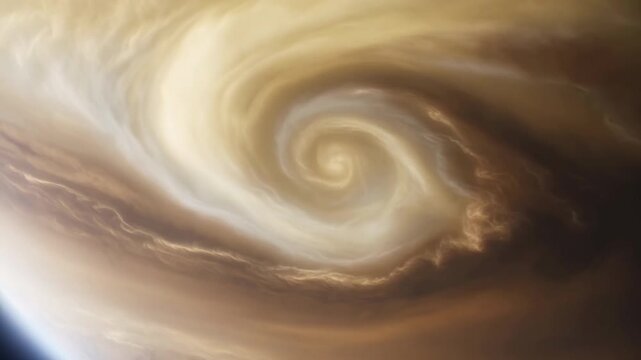 A close-up of Venus&rsquo;s cloud tops as the camera follows a storm cell moving across the planet. The golden clouds churn violently, flashing with silent lightning.