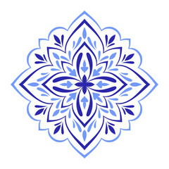Mediterranean blue floral motif on white background. Ethnic design for ceramics. Traditional folk Portuguese, Sicilian, Spanish ornament. Vector illustration