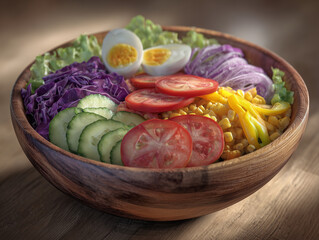 A photo of colorful salad bowls arranged on a stylish wooden platter