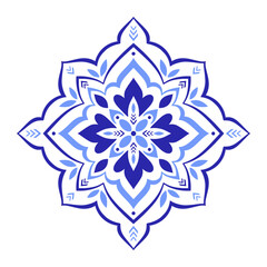 Mediterranean blue floral motif on white background. Ethnic mosaic design for ceramic tile. Traditional Portuguese, Sicilian, Spanish ornament. Vector illustration