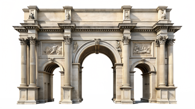 Ancient triumphal arch isolated on transparent background, a symbol of victory and historical significance, showcasing classical architecture and cultural heritage