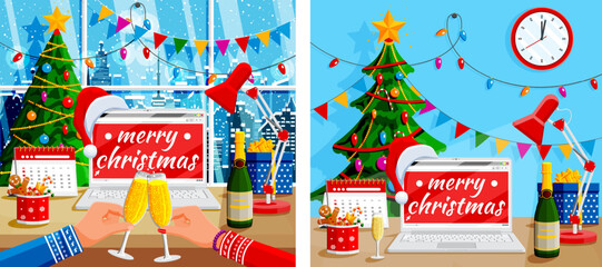 Man and woman toast champagne via video call on laptop with Christmas tree background. Remote holiday celebration for Christmas.