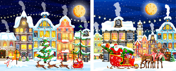 Obraz premium Winter city night illustration with santa claus and reindeer flying over snowy houses. Christmas eve holiday seamless banner for greeting card.