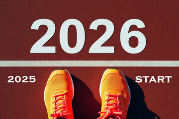 Runner on starting line looking towards 2026, marking new year's beginning and fresh start