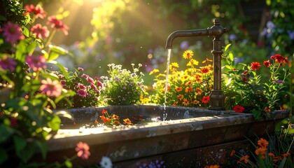 Sunlit garden fountain with flowers. Water flows from a vintage faucet into a stone basin, surrounded by vibrant blossoms