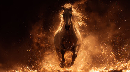 A photo of a horse galloping head-on with flames bursting forth, looking cool as it burns and runs.