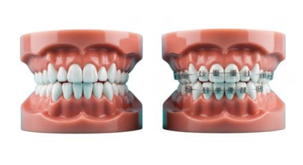 Dental jaw models showing before and after orthodontic braces isolated on transparent background