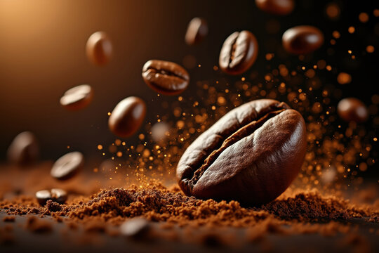 Roasted coffee beans falling into ground coffee powder with golden light and sparkling dust on dark background