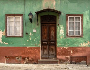 Aged teal building facade with weathered brown door and windows