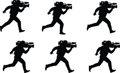 Silhouettes of a news cameraman running with a video camera, urgent media coverage, photojournalist chasing a story, breaking news, press vector figures.